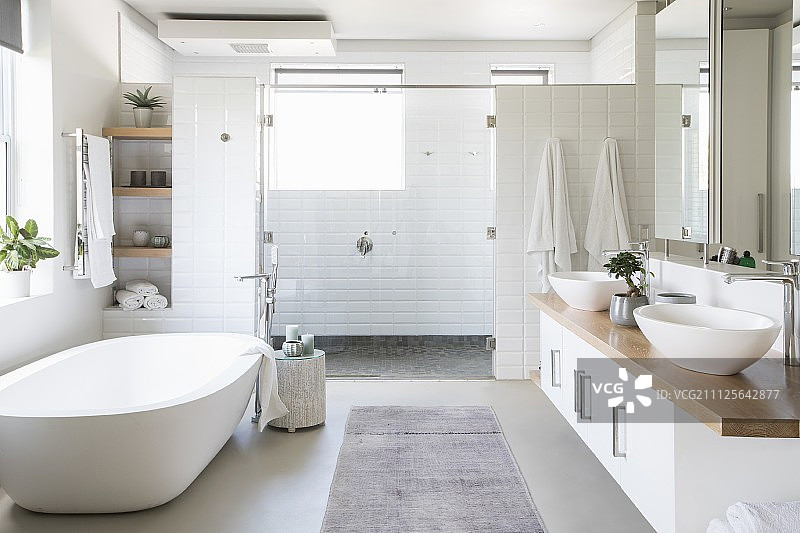 宽敞明亮的浴室内有独立浴缸图片素材