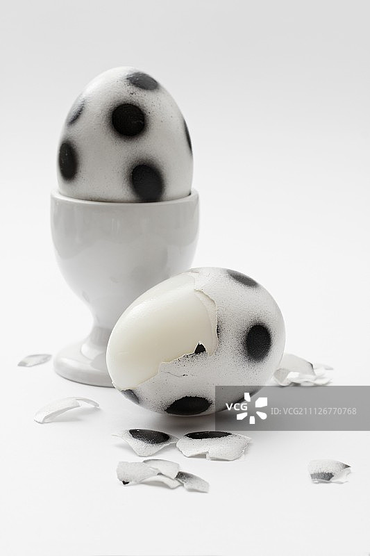 “足球蛋”——装饰有黑点的鸡蛋——放在一个半剥皮的蛋杯里图片素材