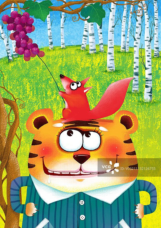 动物大世界插画系列-想吃葡萄的老虎图片素材