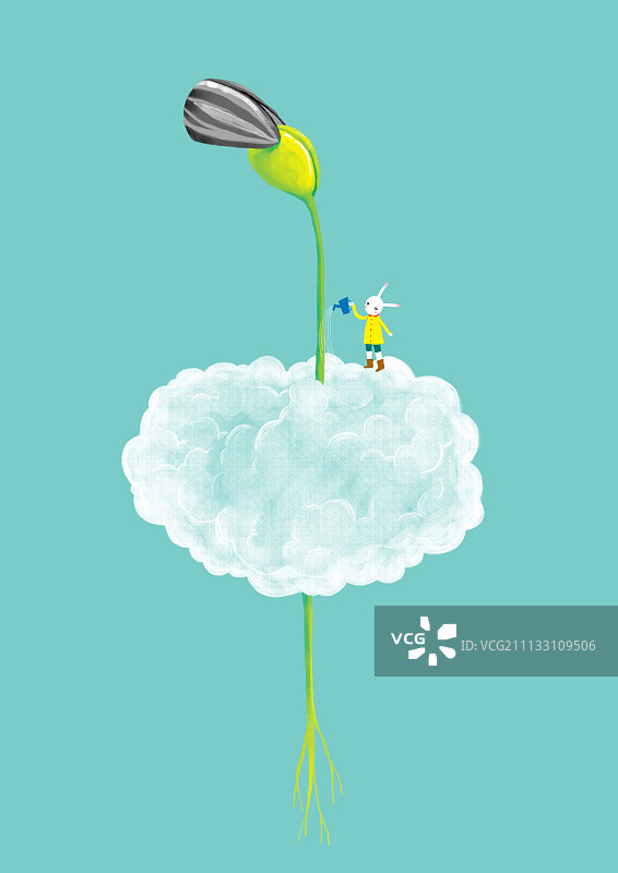 哲理兔系列插画-云朵上浇水图片素材