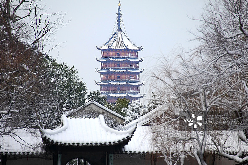 冬雪下的苏州园林 拙政园内远眺北寺塔图片素材