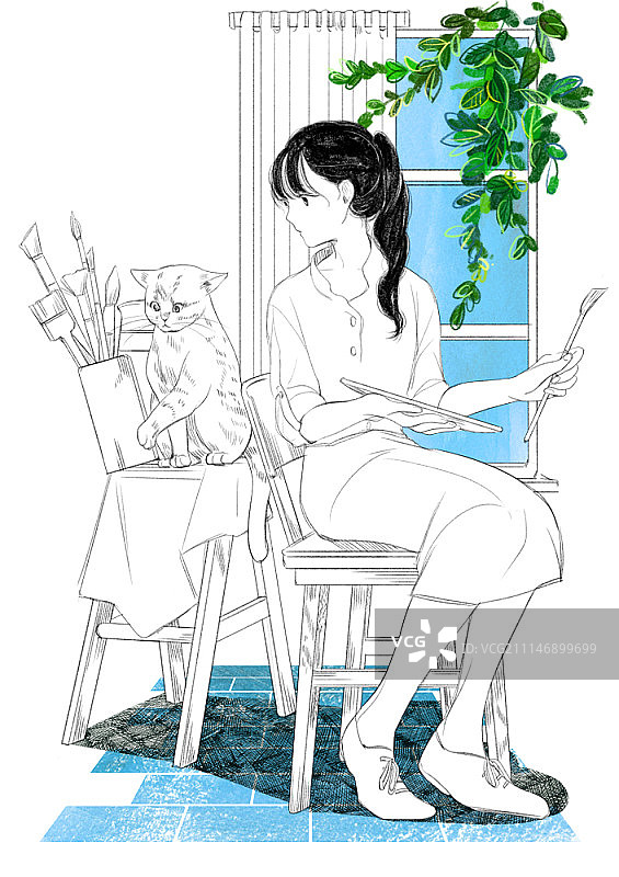 女孩和猫休息的素描图片素材