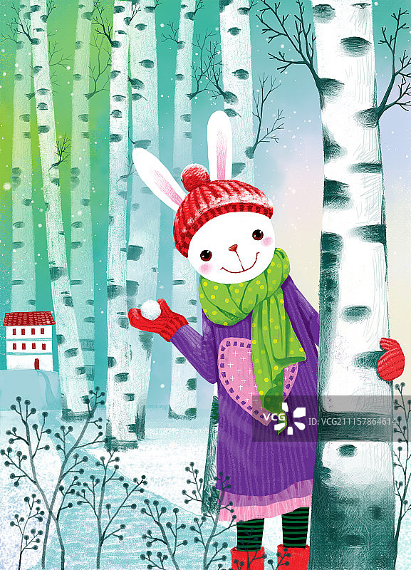 动物插画系列作品共3000幅-白桦林中拿着雪球的兔子图片素材