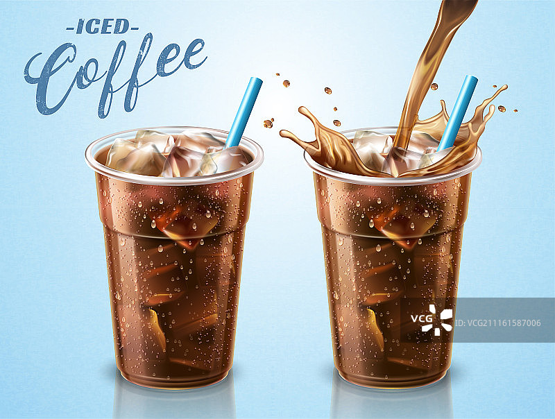 冰咖啡外带杯样机﹐咖啡倒入杯中激起水花图片素材