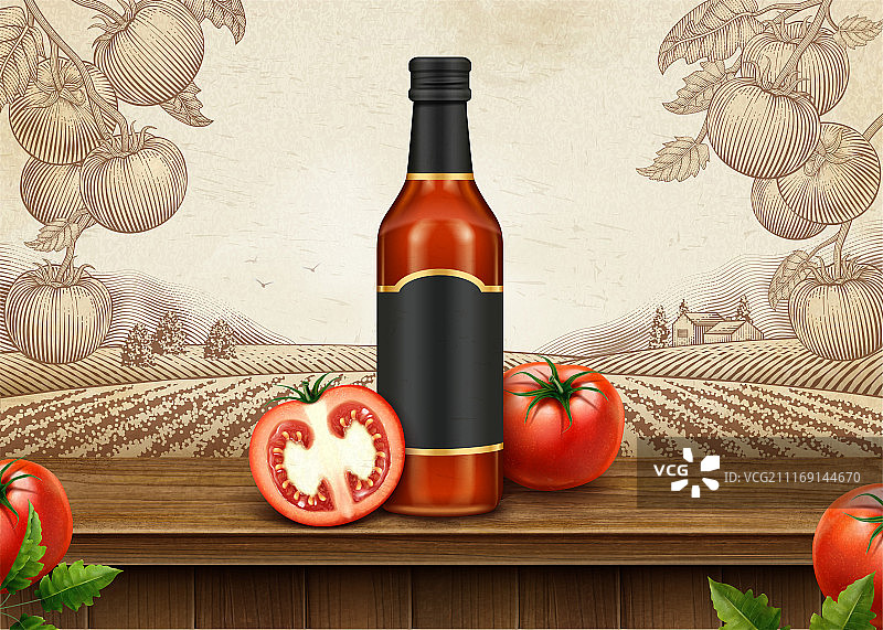 田园风复古番茄酱广告，线条刻蚀风格图片素材