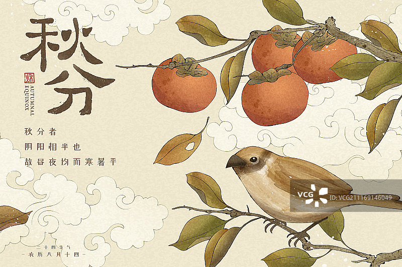 二十四节气秋分海报设计，麻雀站在橘红色柿子树枝上图片素材