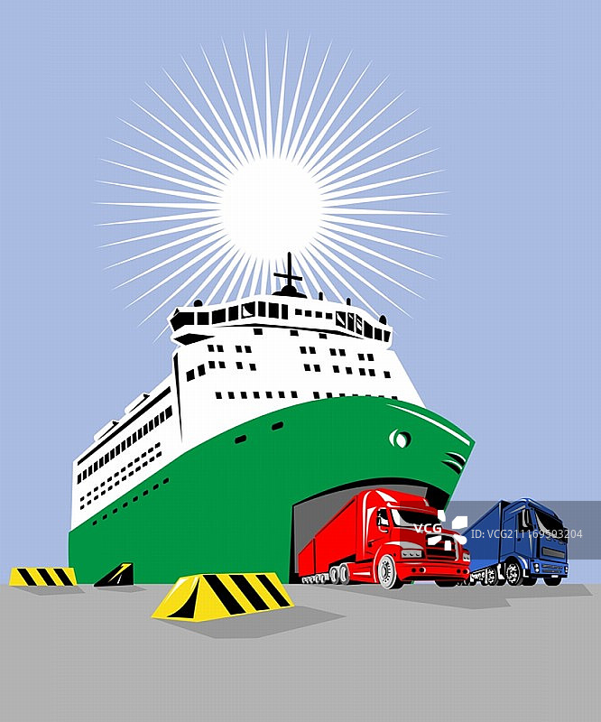 以复古风格制作的滚装船客货船和集装箱货车的插图。乘客货船图片素材