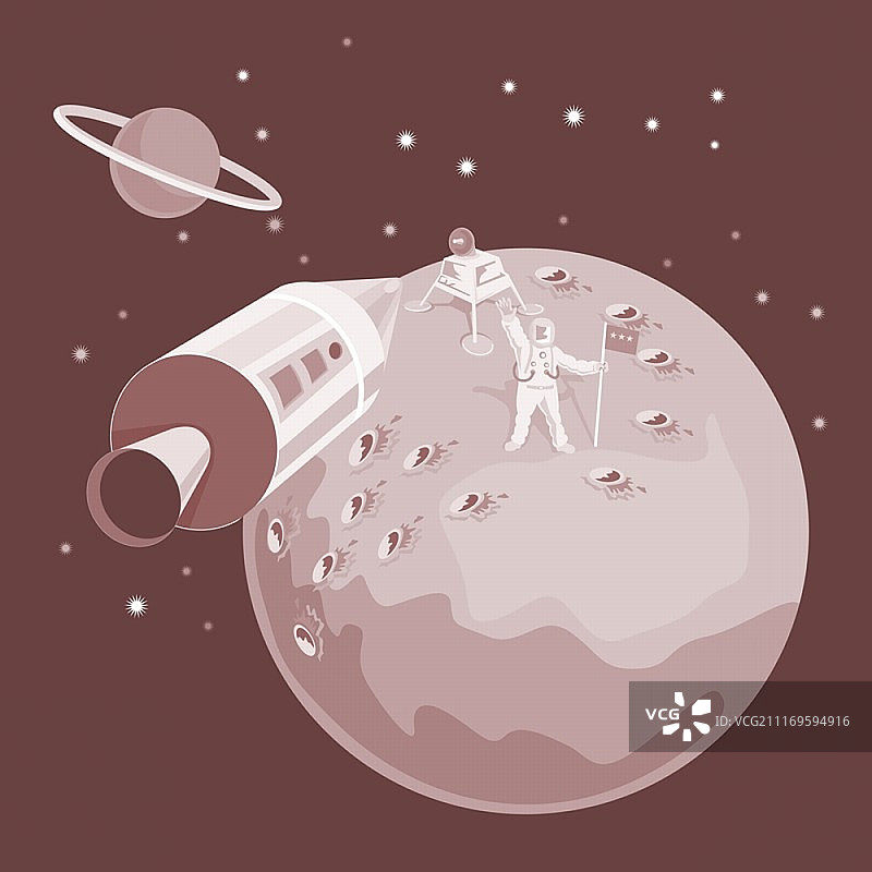 一个宇航员登陆月球与火箭飞船和行星的插图做的复古风格。图片素材