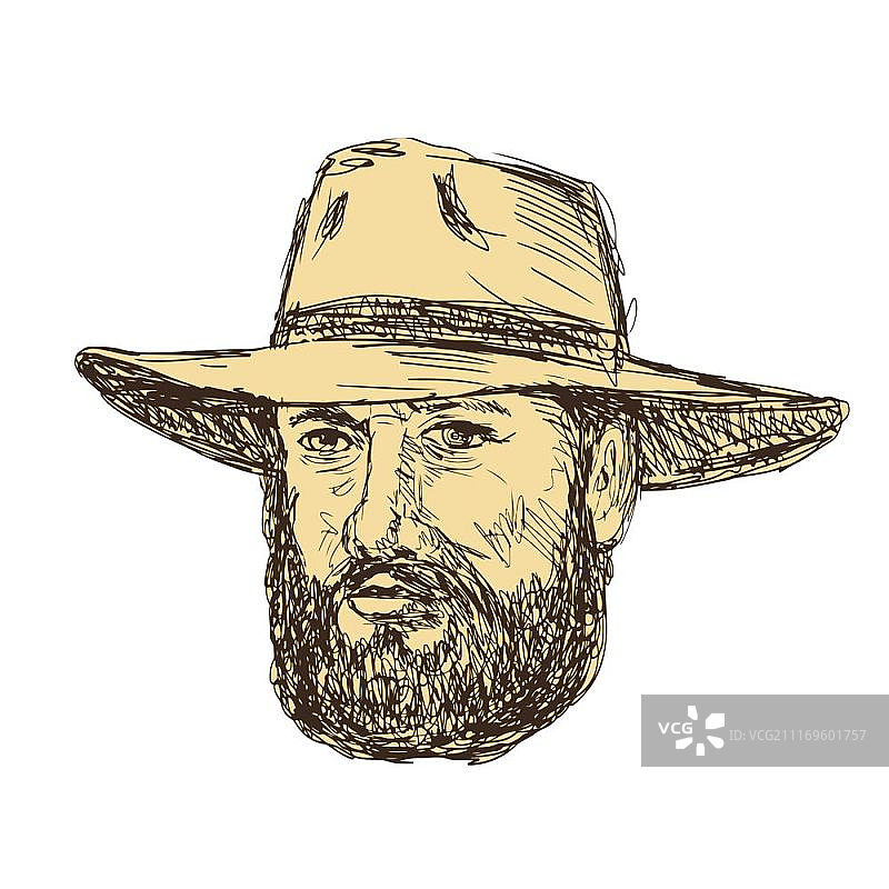 素描风格的插图，一个长胡子的牛仔头戴着一顶帽子从孤立的背景看。牛头大胡子画图片素材