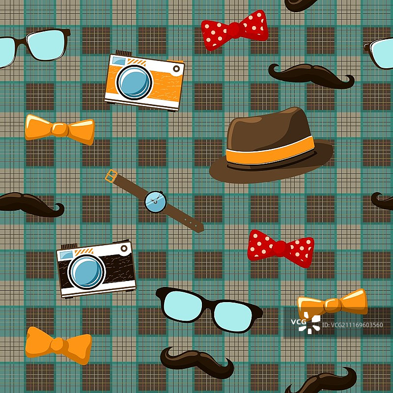 时髦的项目复古胡子，帽子蝴蝶结和眼镜上无缝桌布矢量插图图片素材