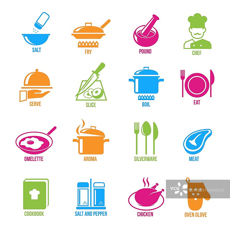 烹饪厨房和餐厅图标设置与盐炒厨师服务切片煮沸孤立矢量插图图片素材