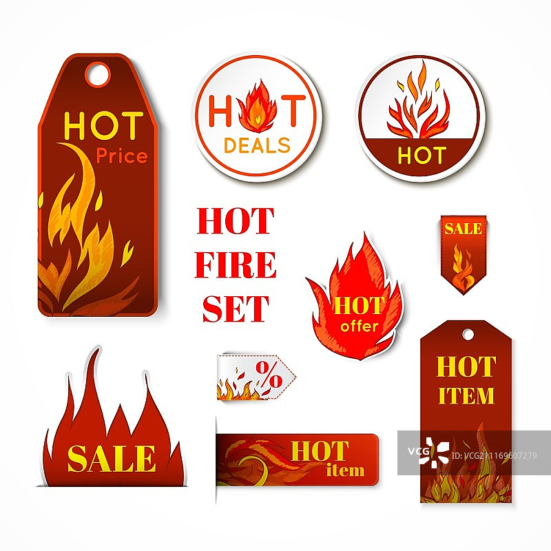 热价格火火焰纸销售折扣促销标签徽章和标签孤立矢量插图。图片素材