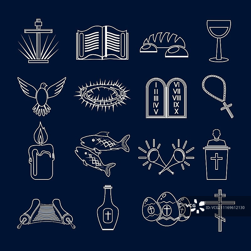 基督教传统神圣的宗教符号轮廓图标设置与刺鱼蜡烛孤立矢量插图图片素材