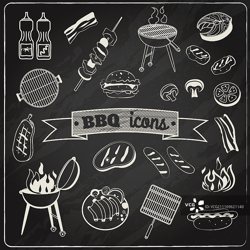 烧烤和烧烤派对粉笔板装饰元素设置孤立矢量插图。烧烤黑板集图片素材