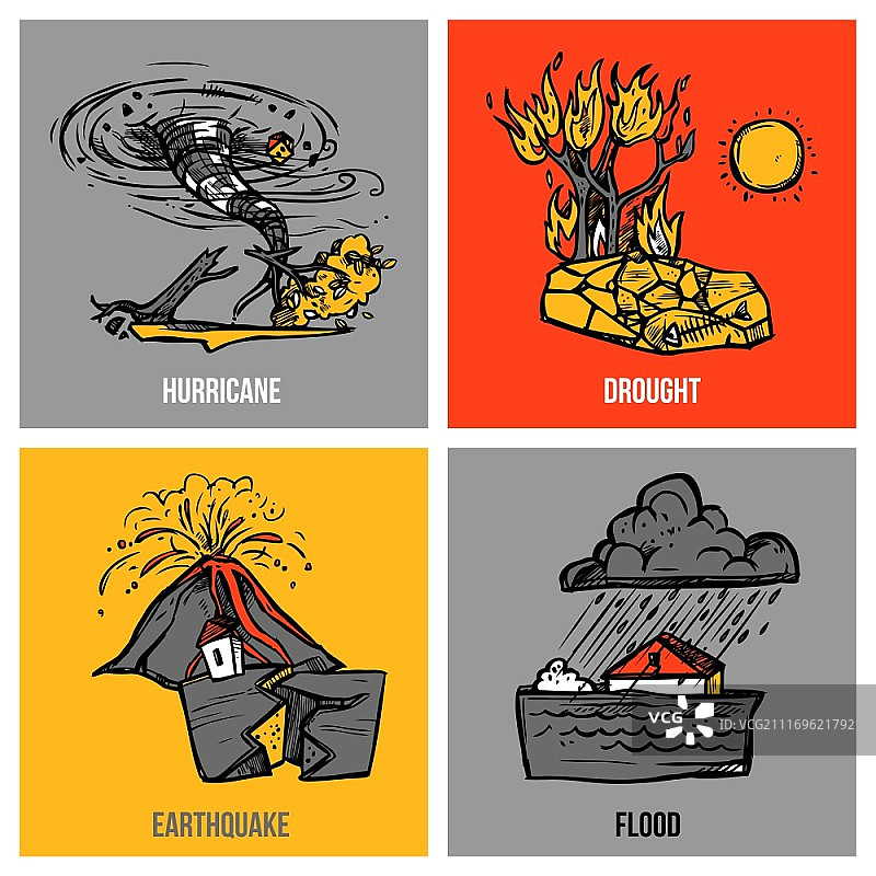 自然灾害设计概念集与飓风和洪水草图孤立矢量插图。自然灾害的设置图片素材