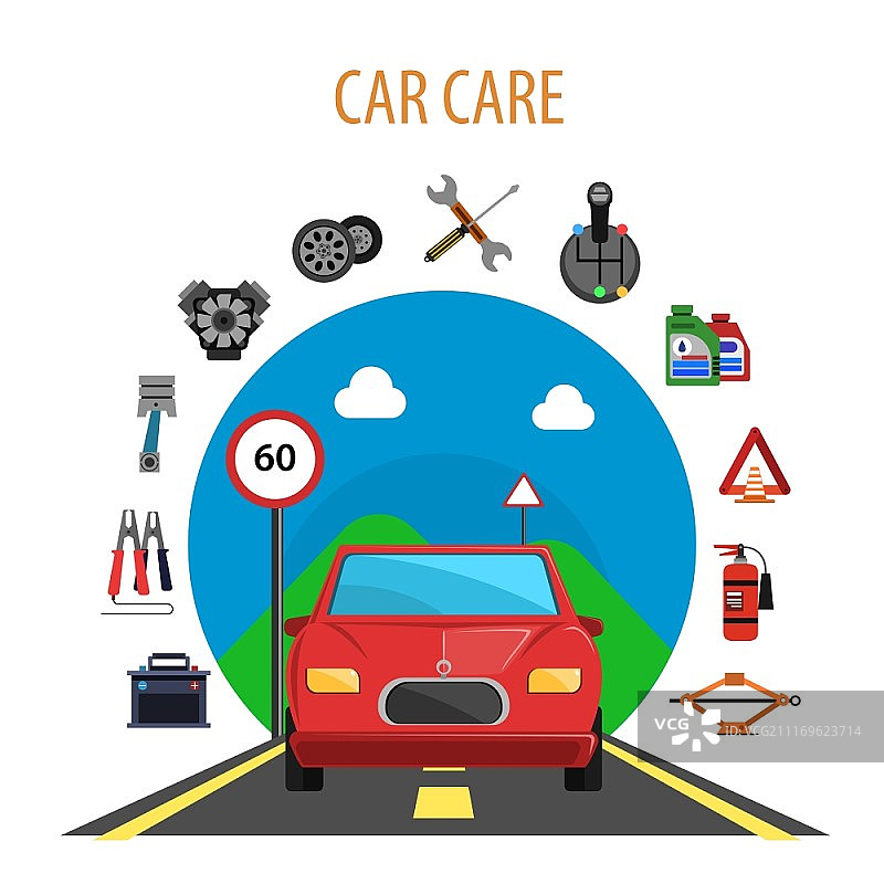 汽车服务概念与汽车上的道路和机器零件平面图标设置矢量插图。汽车服务理念图片素材