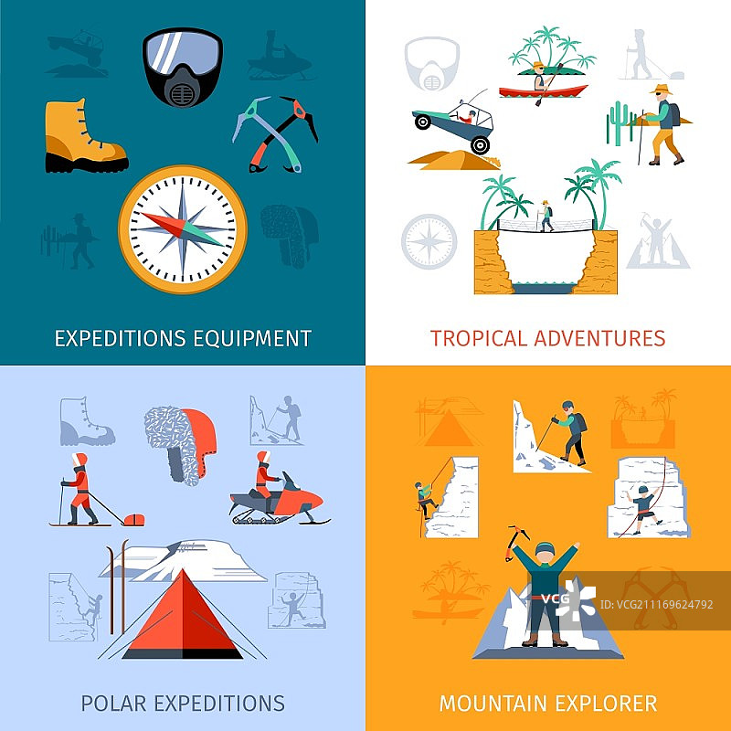 探险队设计概念集与探险者设备孤立矢量插图。探险平组图片素材