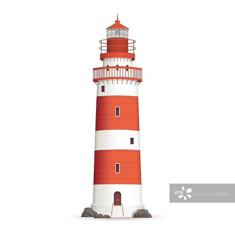 真实的红色灯塔建筑孤立在白色背景矢量插图。现实的灯塔插图图片素材