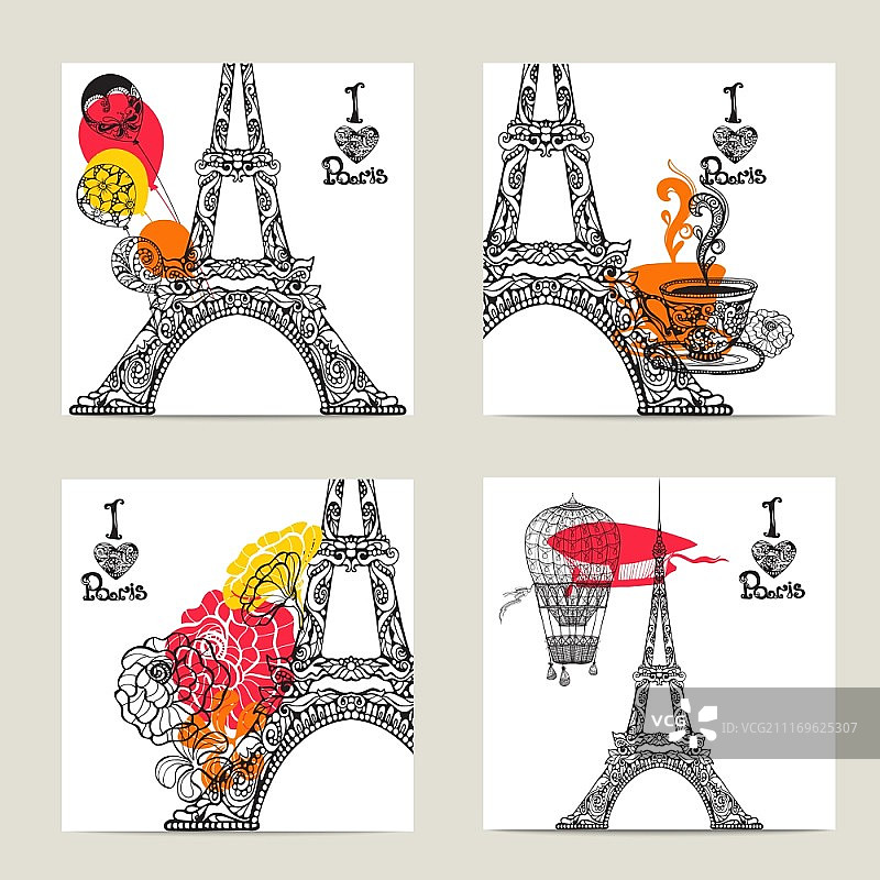 巴黎卡集手绘花装饰埃菲尔铁塔孤立矢量插图。巴黎卡组图片素材