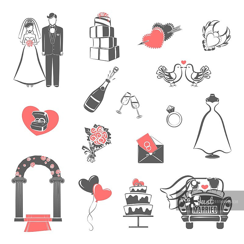 婚礼概念黑红色图标集。传统婚礼两种颜色的图标设置与订婚夫妇和新娘派对配件抽象孤立矢量插图图片素材