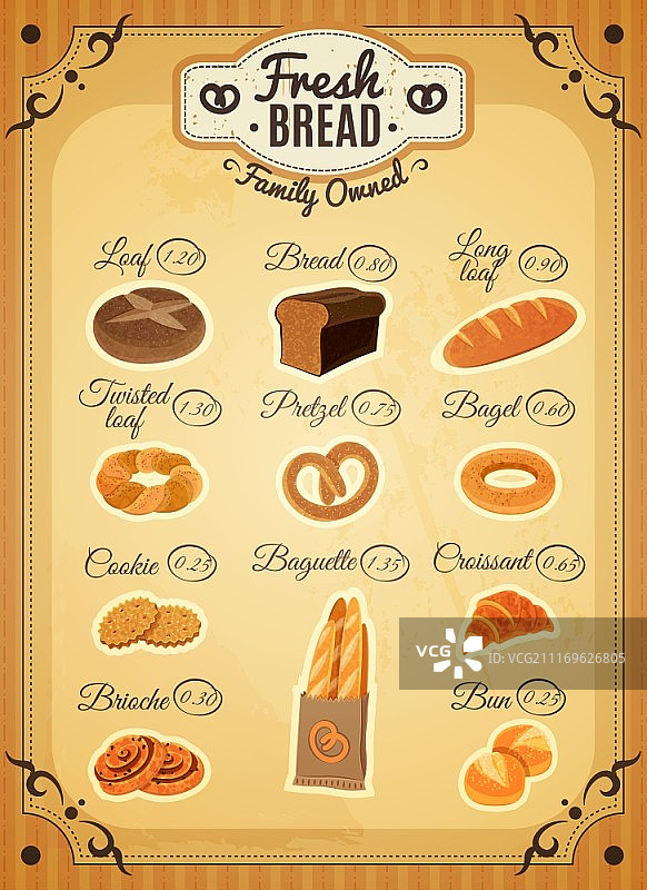 复古风格的面包店价目表海报。复古风格的传统面包店面包品种价格清单海报与扭曲的面包平面抽象矢量插图图片素材