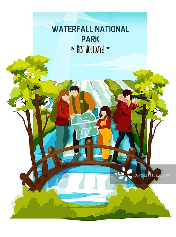 瀑布景观海报。平面彩色海报与游客家庭在河上的木桥和瀑布景观背景矢量插图图片素材