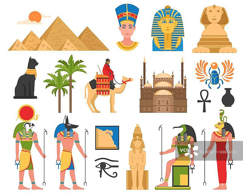 埃及艺术公寓收藏。埃及一套古埃及偶像雕像和建筑结构平面孤立图像上空白背景矢量插图图片素材