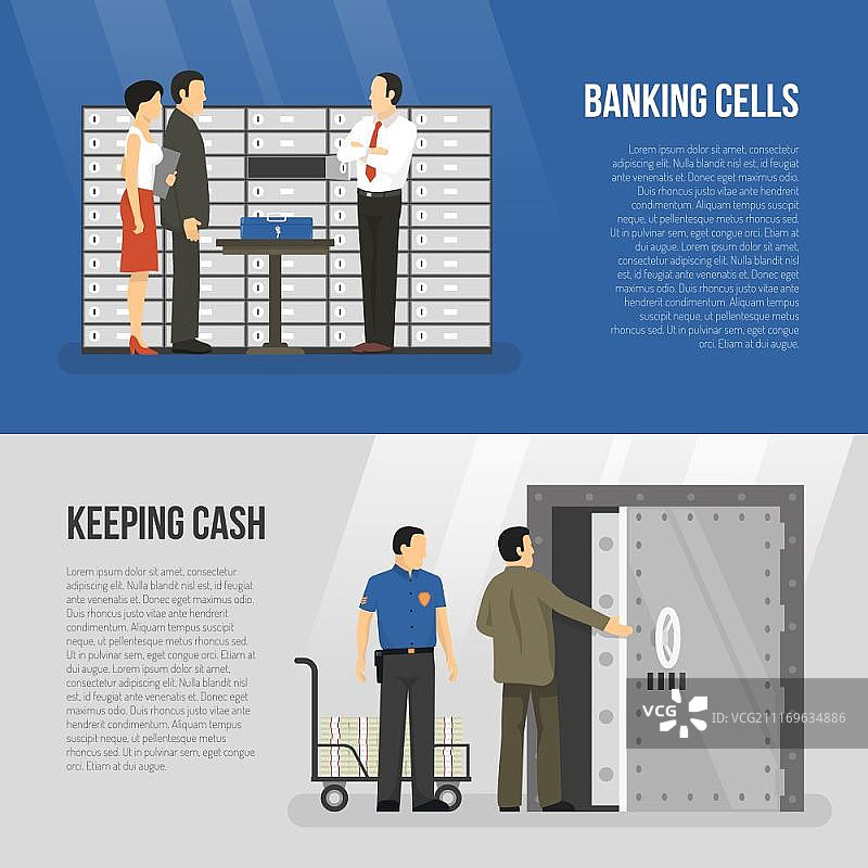 银行的横幅。水平横幅设置与客户和职员站在银行细胞附近的平面孤立矢量插图图片素材