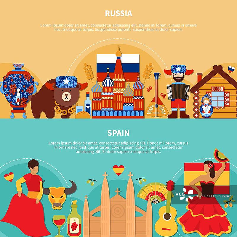 俄罗斯西班牙旅游横幅。旅行横向横幅与平面涂鸦风格的图像，俄罗斯和西班牙民族刻板印象符号和字符矢量插图图片素材