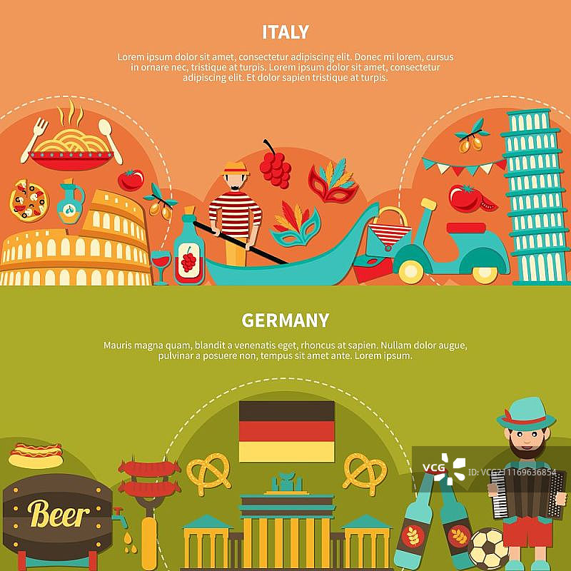 意大利德国横横幅。旅游横幅与意大利和德国的食物饮料和有趣的地方平面图像与文本矢量插图图片素材