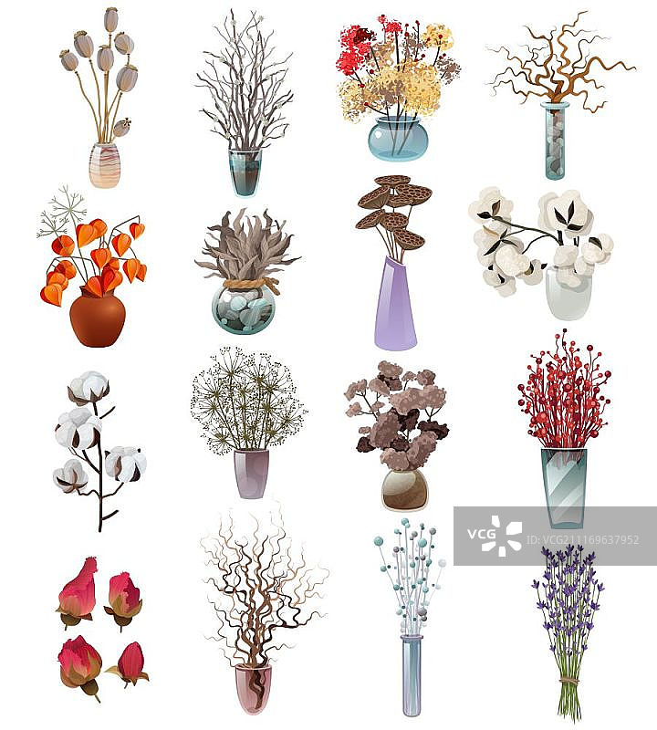 收集干花花束在花瓶。收集彩色花束在花瓶的各种形状与干花设计师花商在白色背景平面矢量插图图片素材