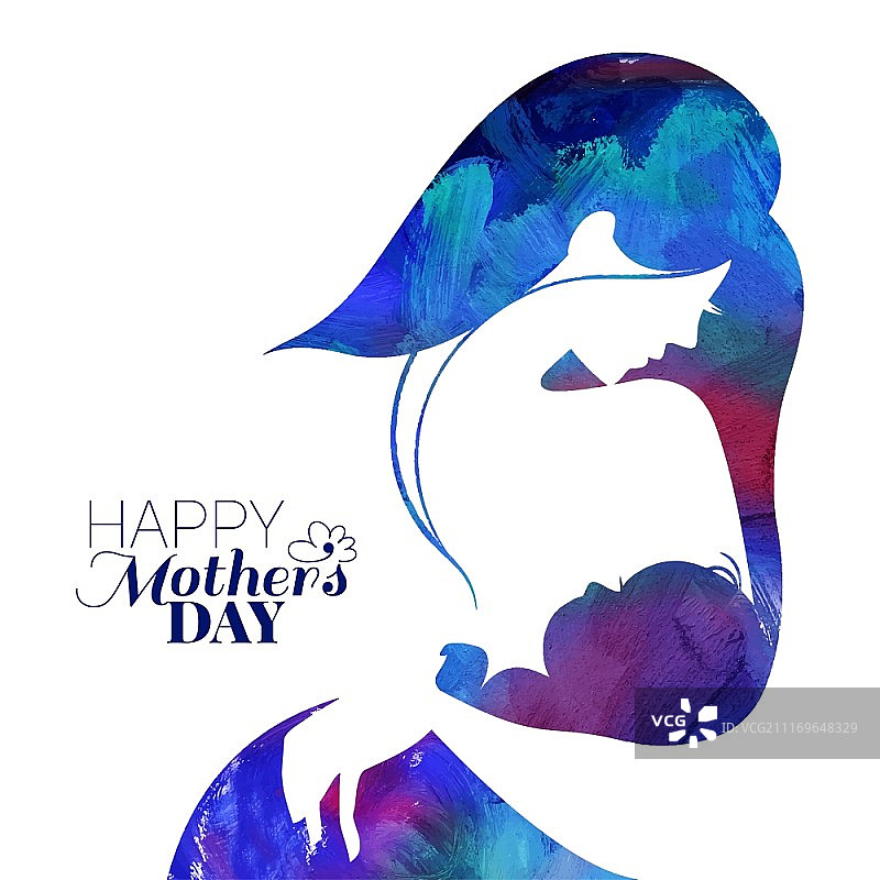 丙烯画妈妈和她的孩子剪影。祝您母亲节快乐。矢量插图与美丽的女人和孩子图片素材
