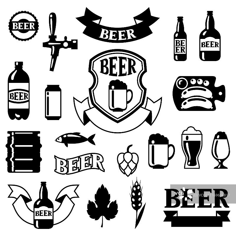 一套徽章和标签与啤酒对象的设计。一套徽章和标签与啤酒对象的设计。图片素材
