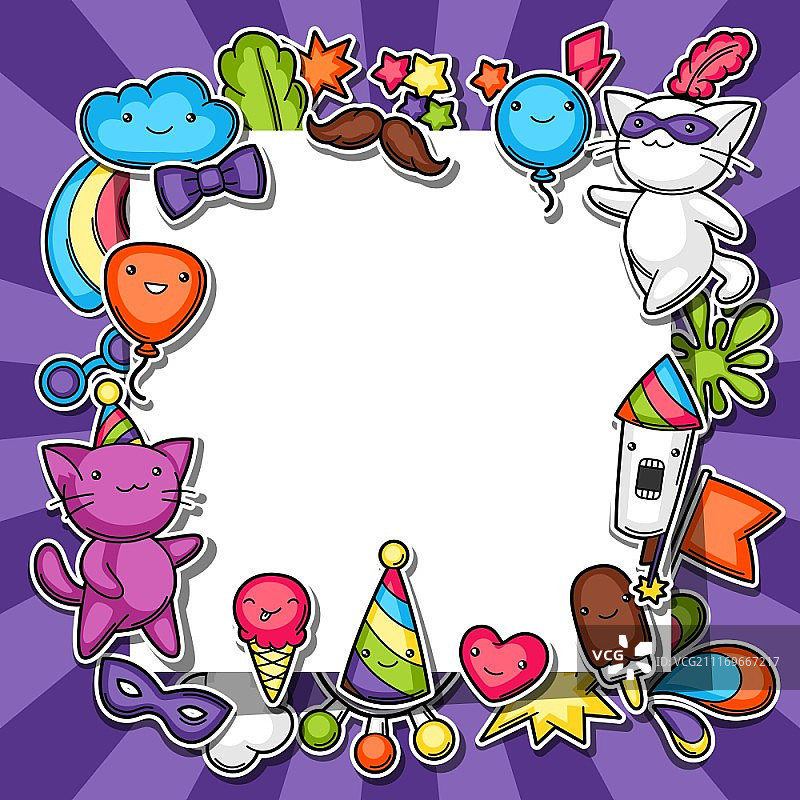 狂欢派对卡哇伊背景。可爱的贴纸猫，庆祝的装饰品，物品和符号。图片素材