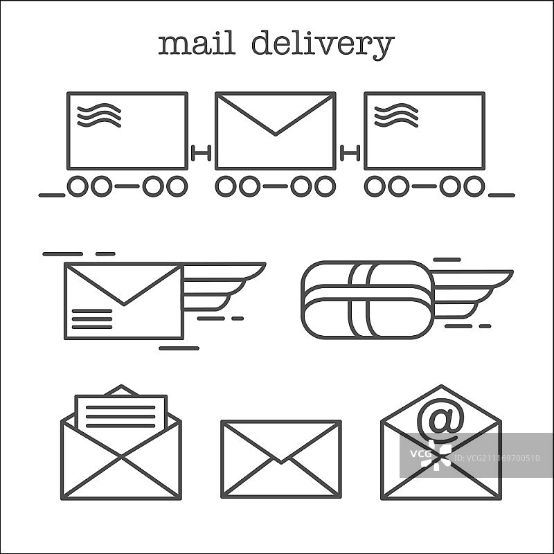 邮件。信函、包裹、邮件。电子邮件。信件快速投递。一组矢量图标。图片素材