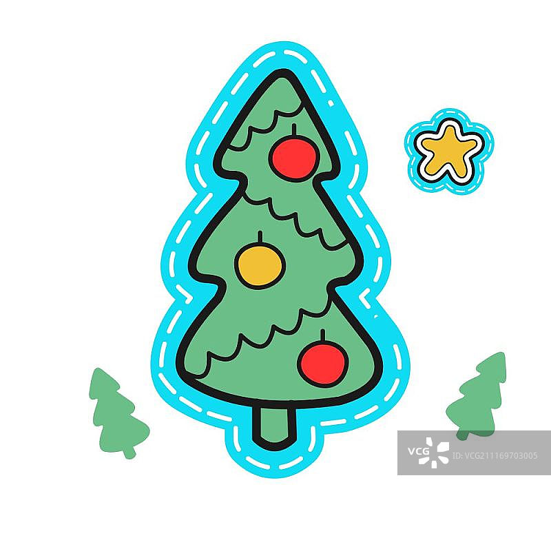 手绘圣诞插图。圣诞节用星星装饰圣诞树。图片素材