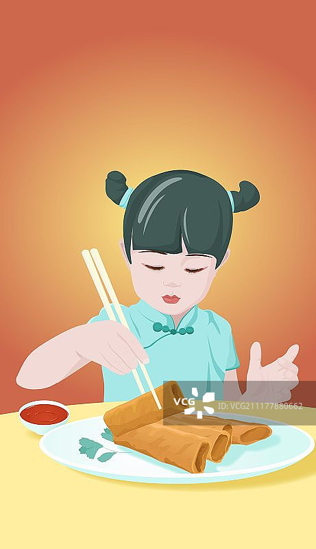 中国旗袍小女孩与传统美食图片素材