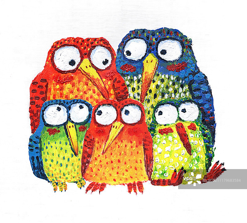 儿童插画幸福的小鸟全家福丙烯画图片素材