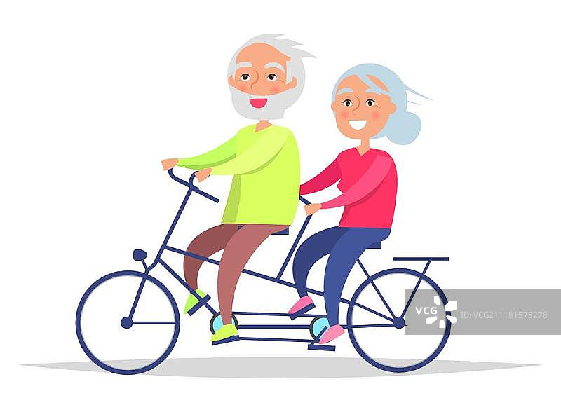 快乐爷爷奶奶日老两口骑自行车。骑自行车的老夫妇。奶奶和爷爷一起坐在自行车上矢量插图孤立在白色的背景图片素材