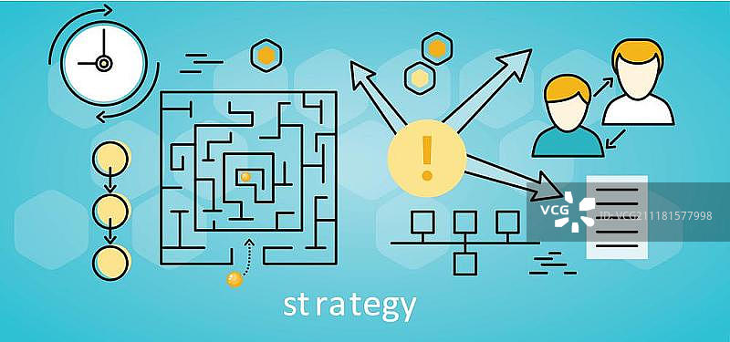 战略商业背景。具有不同适合元素的战略业务背景。方形迷宫与黄色的球在蓝色的背景。网上商业的概念，商业分析，商业策略，头脑风暴图片素材