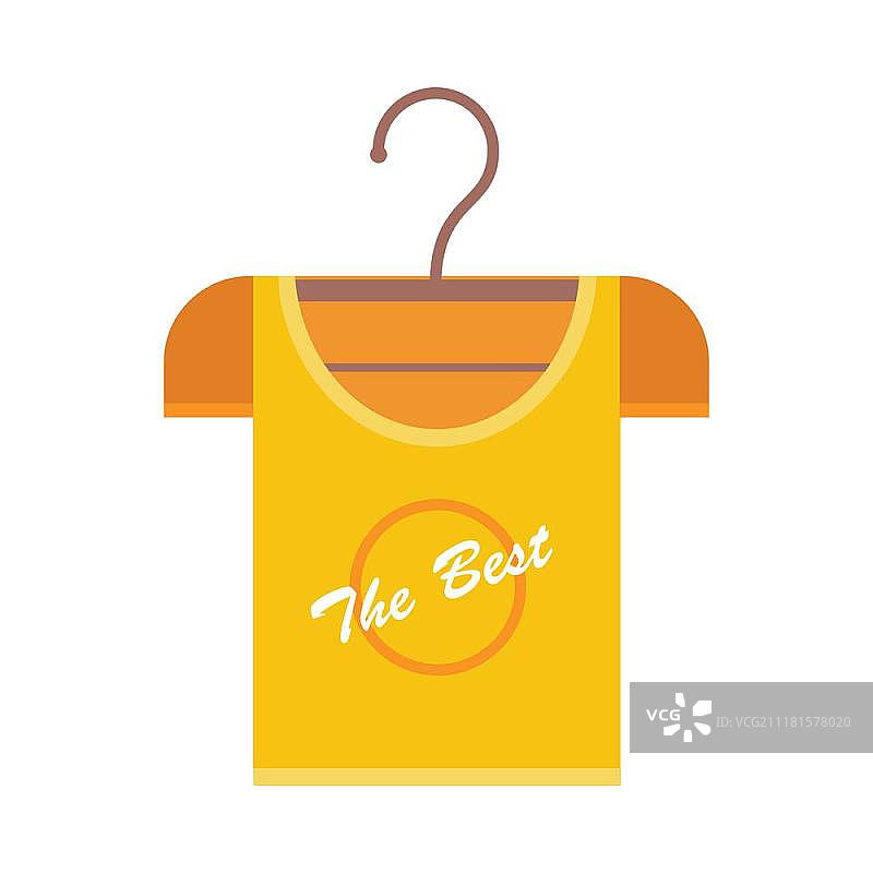 橙色t恤挂在衣架上。橙色t恤挂在木衣架上。有文字的t恤-最好的。橙色t恤模板。男装。在白色背景上孤立的物体。矢量插图。图片素材