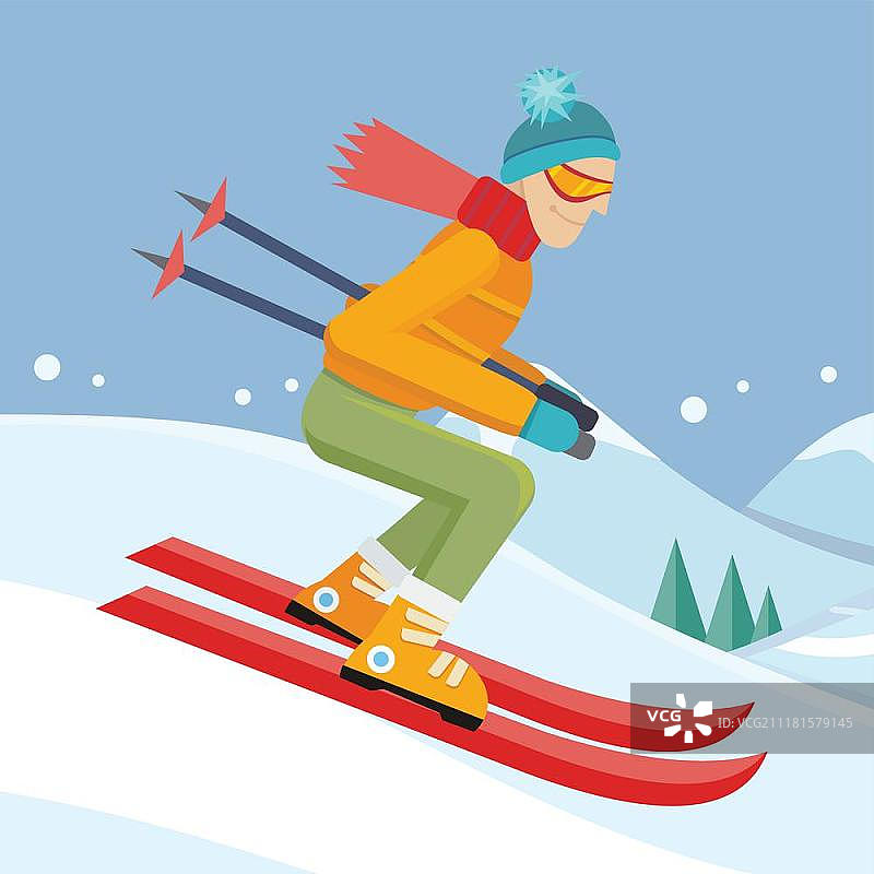 滑雪者在斜坡矢量插图在平面设计。滑雪者在斜坡矢量插图。平面设计。穿着滑雪服从山上滑下来的人。冬季娱乐、户外活动和体育运动。极端的障碍滑雪赛。登山胜地广告图片素材