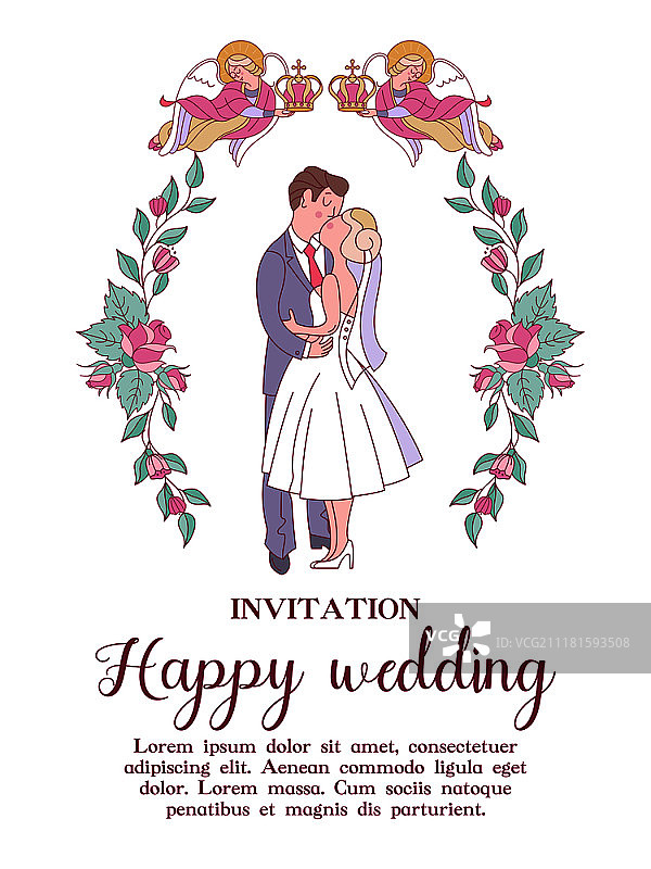快乐的婚礼。婚礼卡片。婚礼的邀请。新娘和新郎穿着婚纱。两个天使把婚礼的花冠举在新娘和新郎的头上。花环和玫瑰。可爱的矢量图。图片素材