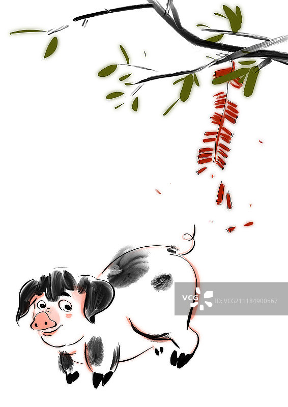 猪年传统水墨插画图片素材