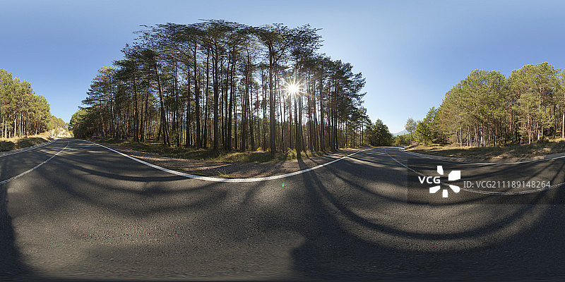 360掳 HDRI showing a tree lined road in the mountains in Spain图片素材