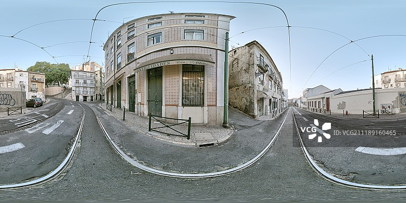 360掳 HDRI showing a street with tram track in old town in Lisbon, Portugal图片素材