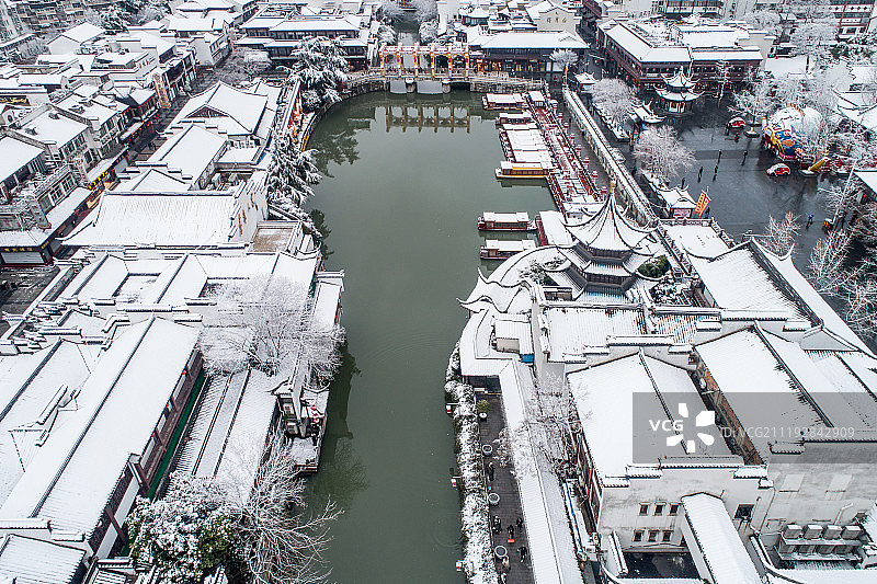 航拍 南京 大雪后的夫子庙 秦淮河畔图片素材