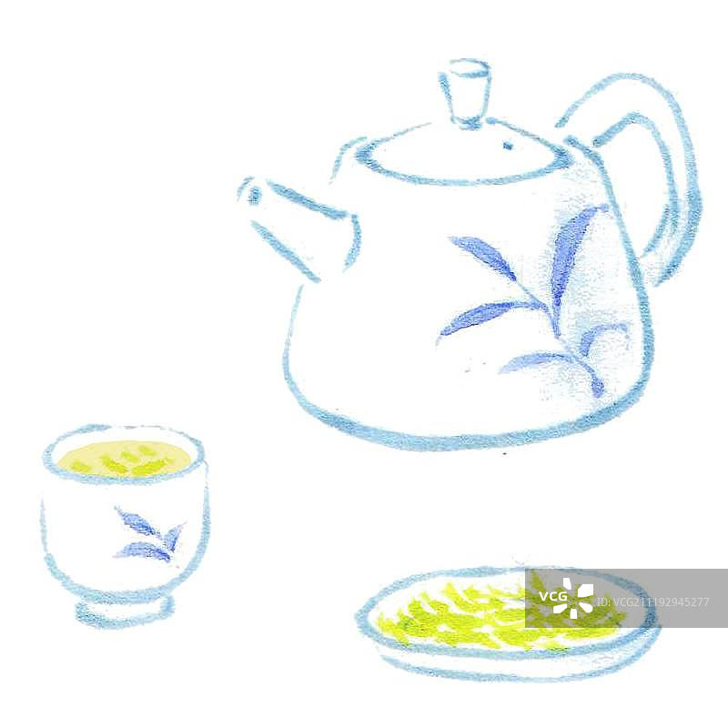 青花瓷茶壶茶杯和茶叶图片素材