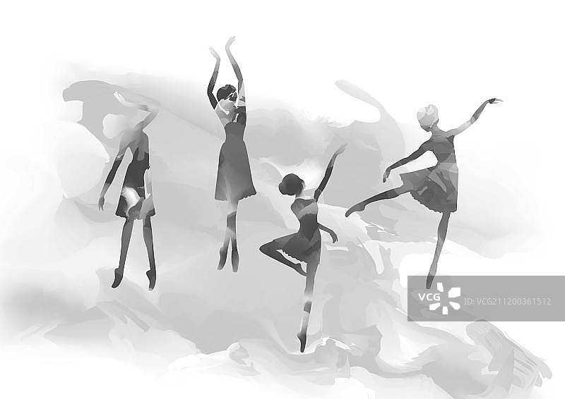 芭蕾舞者黑白水墨矢量图图片素材