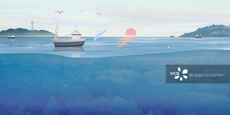 海洋石油勘探，海床剖面图插画背景海报图片素材